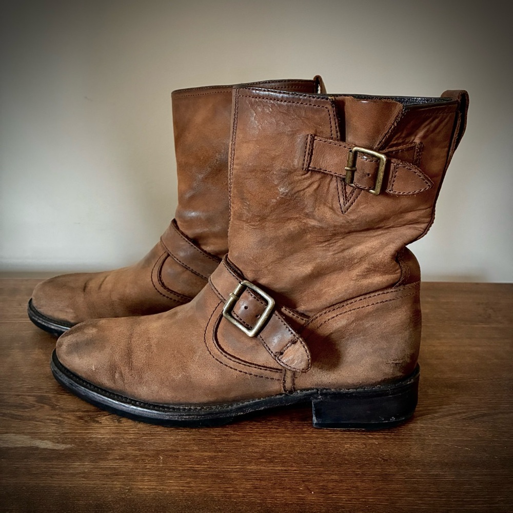 John Varvatos Brown Leather Buckle Moto Engineer Boots Size 10.5